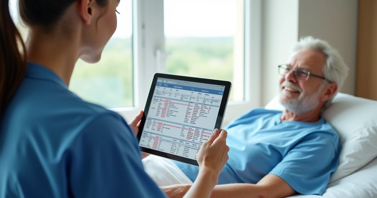 Enfermeira utilizando prontuário digital para registro de cuidado do idoso 