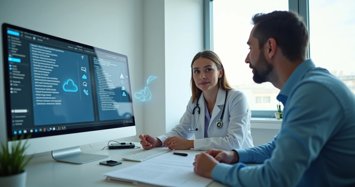 Consulta médica sendo transcrita automaticamente em prontuário digital 