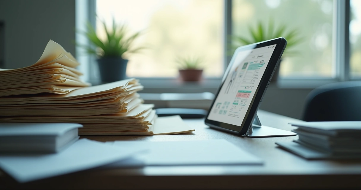 Prontuário odontológico em papel e tablet com prontuário digital lado a lado 