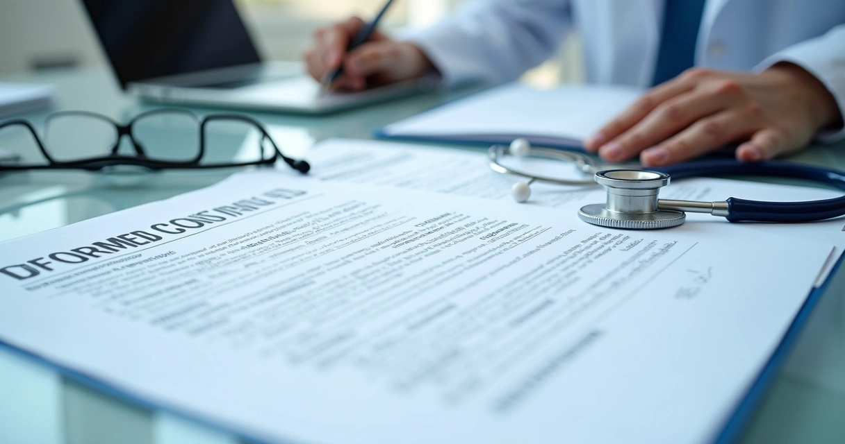 Prontuário médico e documentos jurídicos sobre mesa 