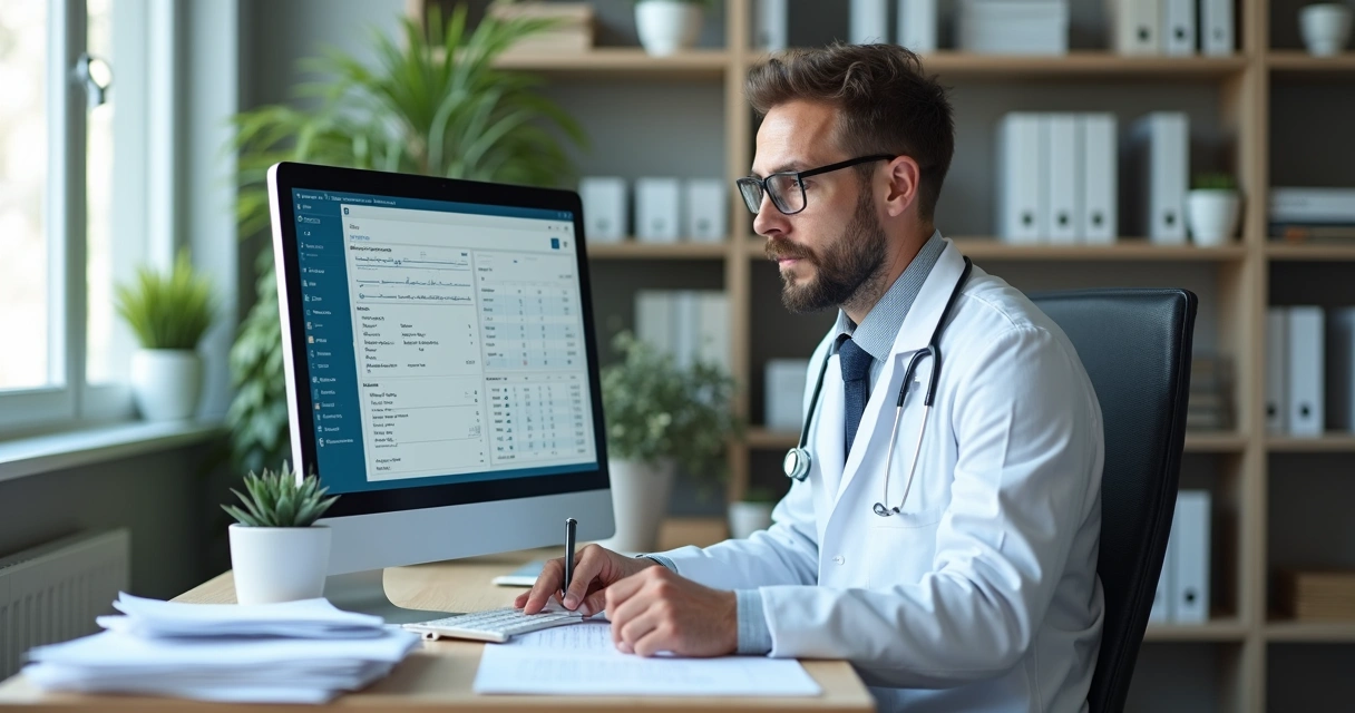 Prontuário eletrônico em tela de computador em clínica médica