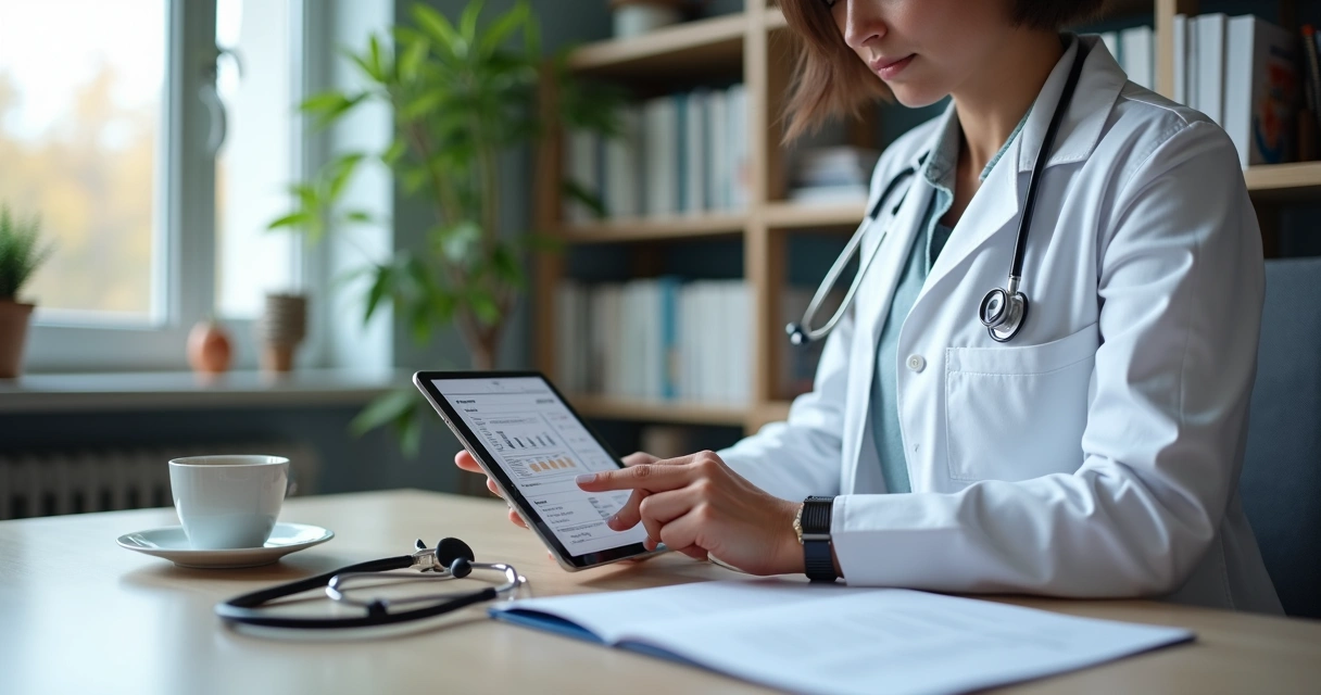 Médico acessando prontuário em tablet sentado à mesa de atendimento