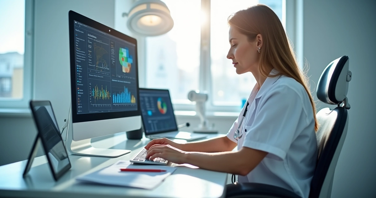 Foto realista de uma clínica odontológica moderna com computador e fichas digitais na tela 