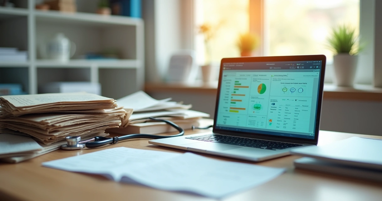 Mesa de clínica pequena com tablet mostrando prontuário eletrônico organizado ao lado de ficha em papel bagunçada 