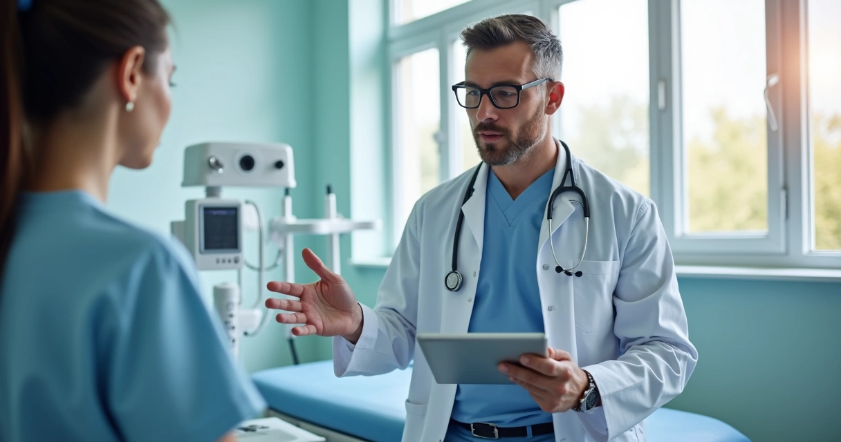 Médico acessando prontuário eletrônico em tablet durante consulta 