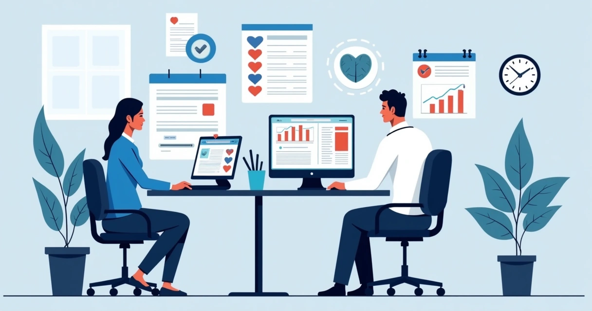 Ilustração corporativa plana mostrando médico usando computador com prontuário eletrônico e paciente ao fundo 