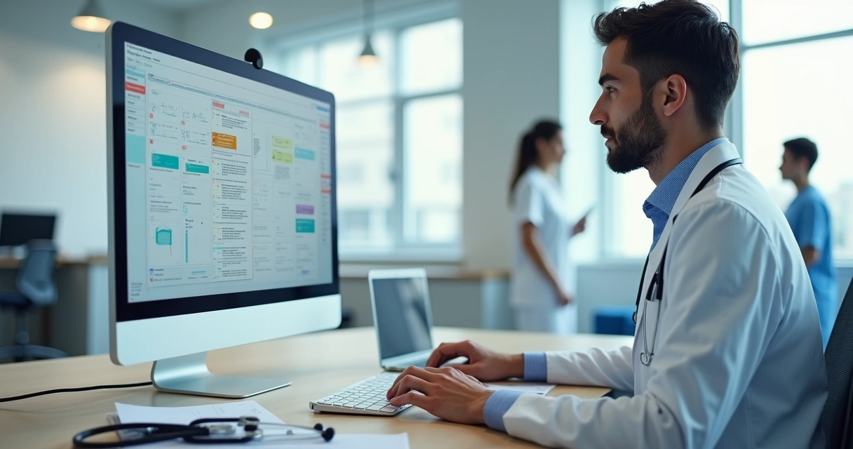 Profissional de saúde analisando prontuário eletrônico com alertas de erro no computador 