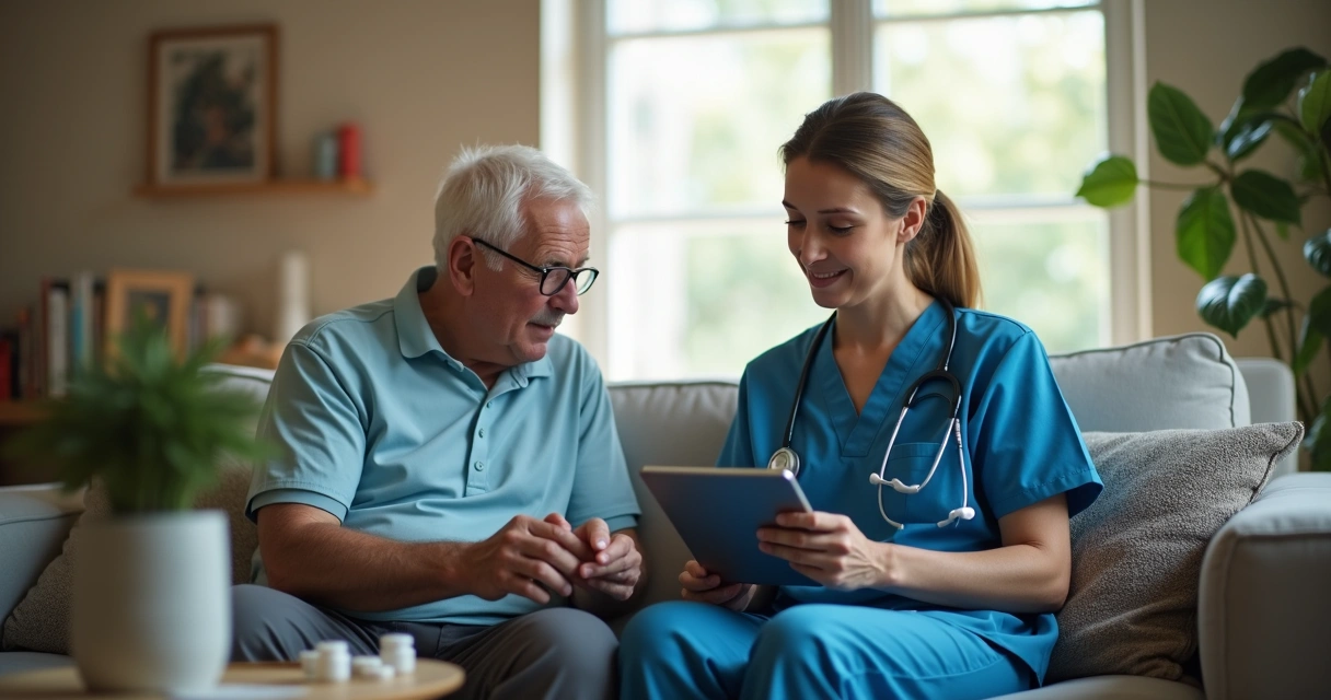 Profissional de saúde usando tablet para preencher prontuário eletrônico ao lado de paciente em casa.