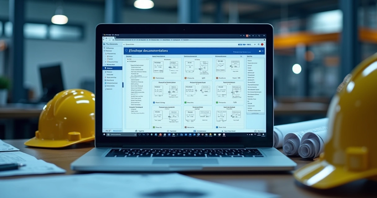 Plataforma digital de documentação industrial aberta em notebook 