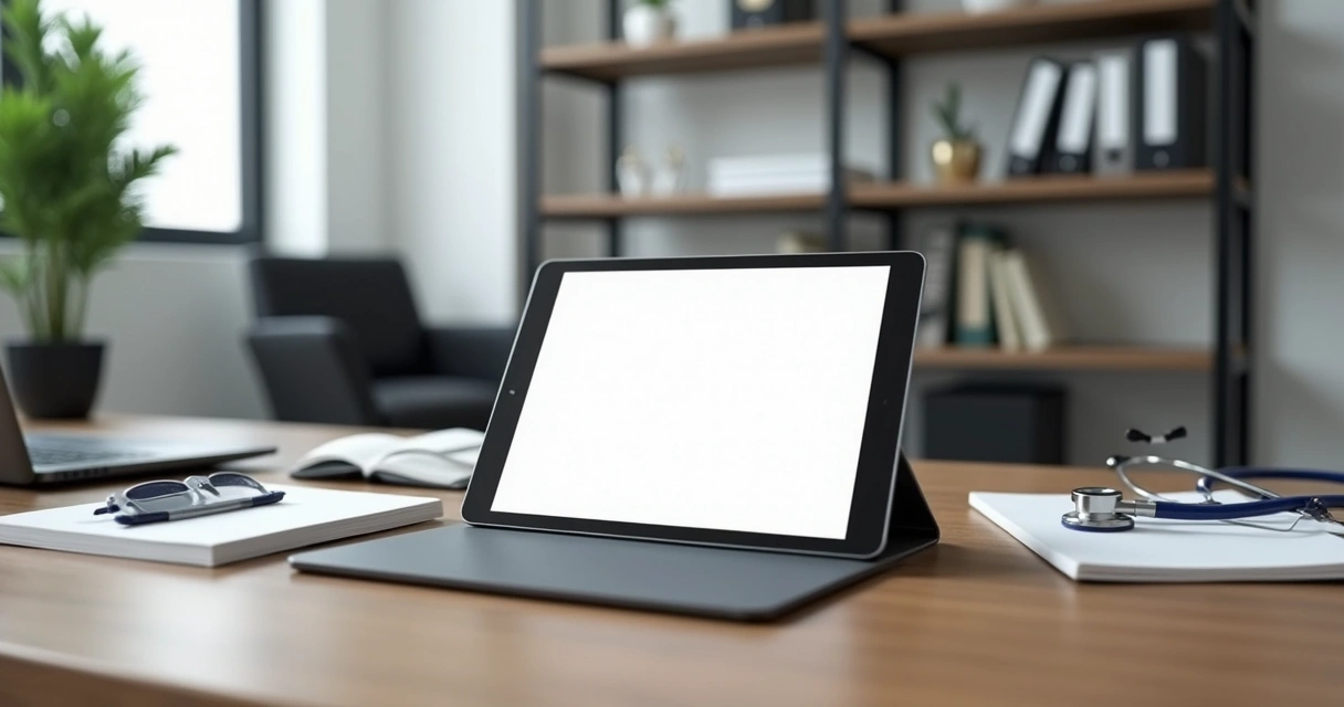 Prontuário eletrônico aberto em tablet sobre mesa de consultório 