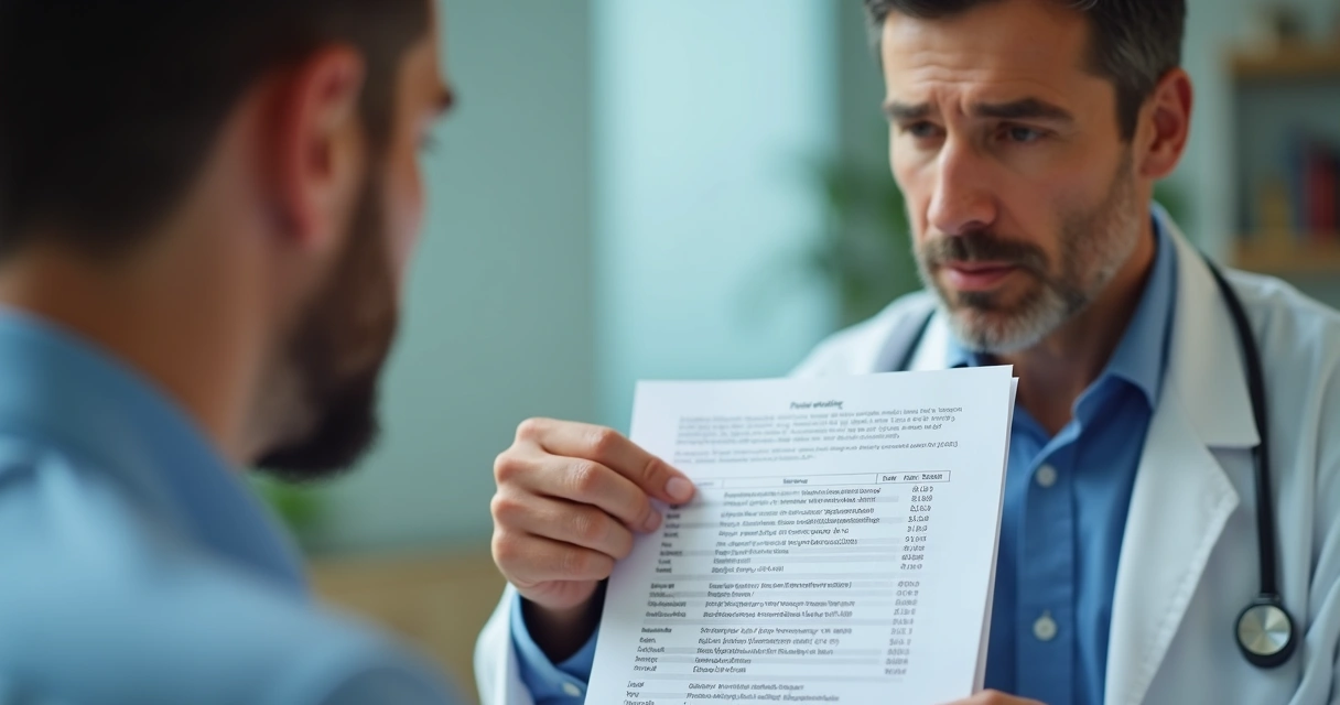 Médico urologista mostrando resultados de exame ao paciente em consulta particular 