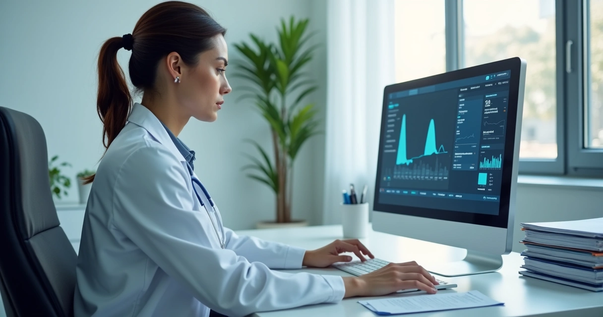 Médico revisando prontuário digital com apoio de IA em clínica