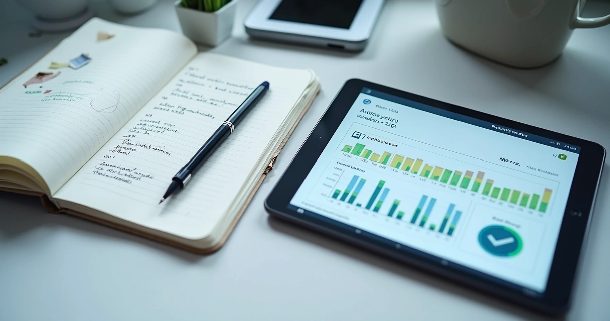 Caderno clínico ao lado de tablet com prontuário digital em consultório 