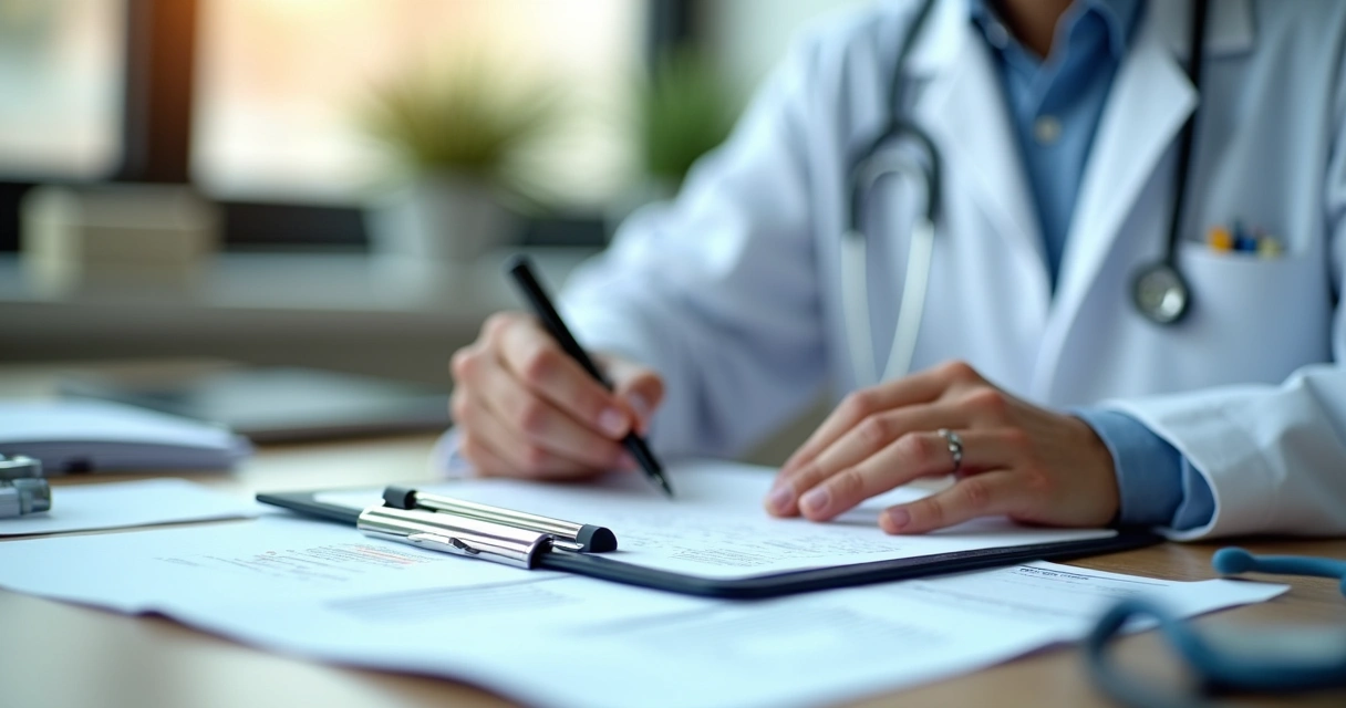 Médico preenchendo prontuário detalhado em consultório moderno 