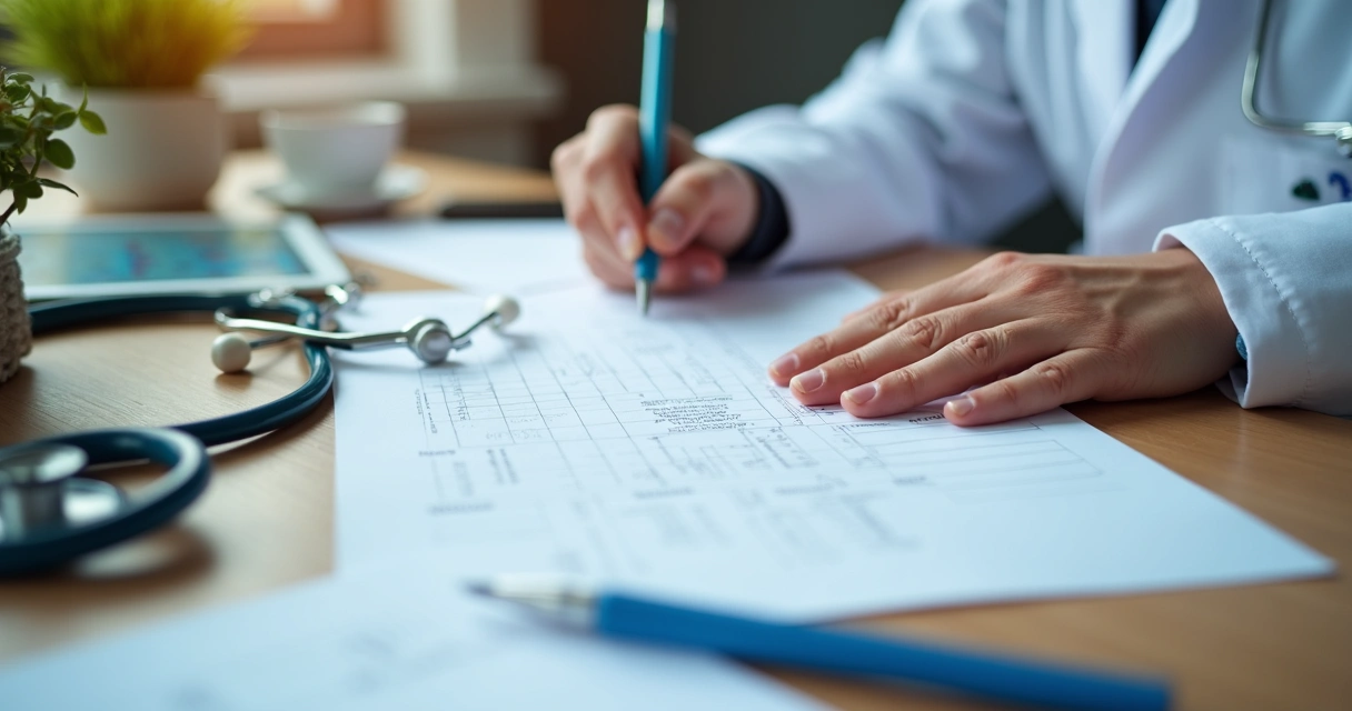 Mesa de consultório médico com prontuário preenchido à mão por profissional 
