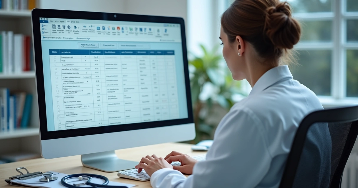 Tela de computador mostrando prontuário médico digital em consultório amplo com luz suave e uma médica digitando 