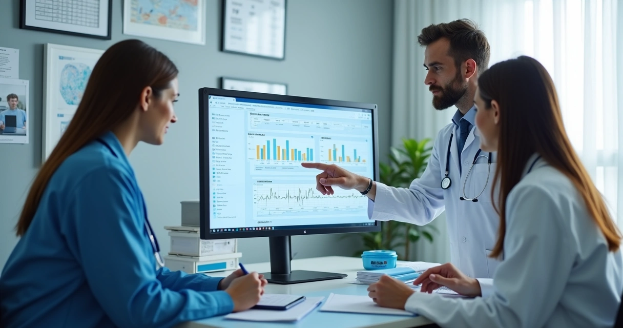 Profissionais de saúde analisando prontuário digital em tela compartilhada 