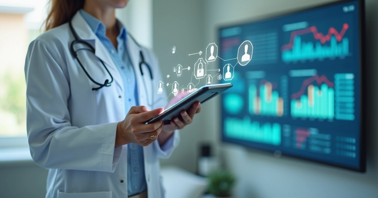 Profissional de saúde usando tablet com gráficos de prontuário 