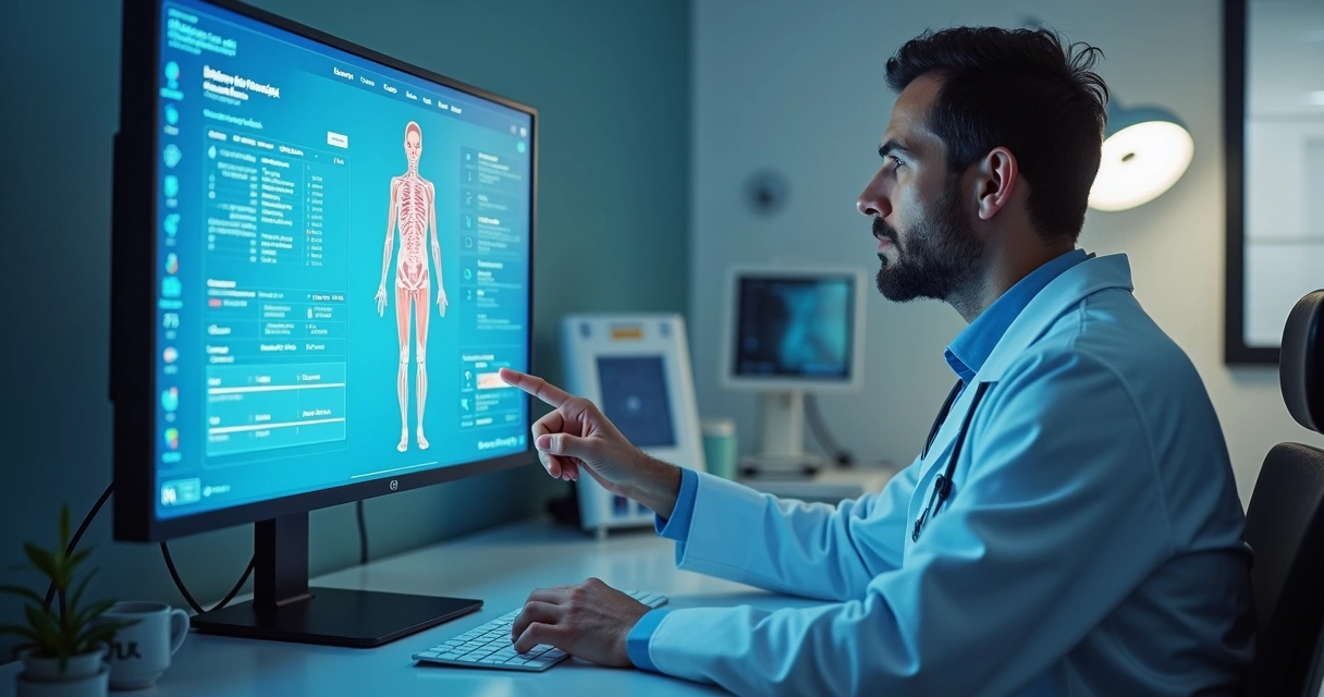 Médico com prontuário digital aberto na tela em ambiente clínico