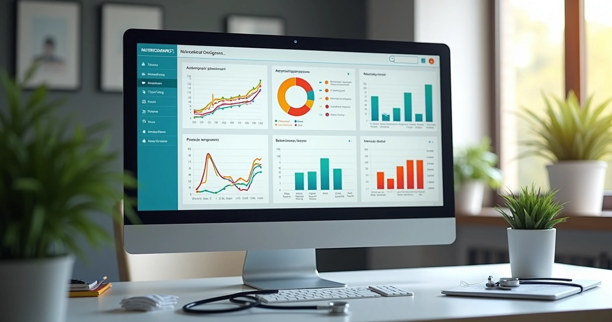 Prontuário digital detalhado em tela de computador com gráficos de evolução e histórico de paciente 