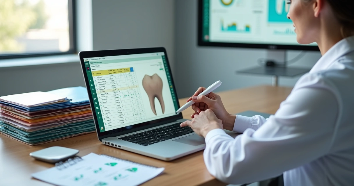 Dentista revisa prontuário odontológico digital com destaque para dados organizados e consistentes 