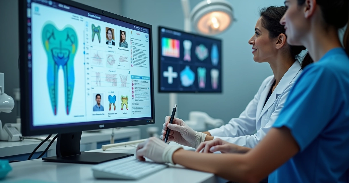 Prontuário odontológico digital exibido em tela de computador 