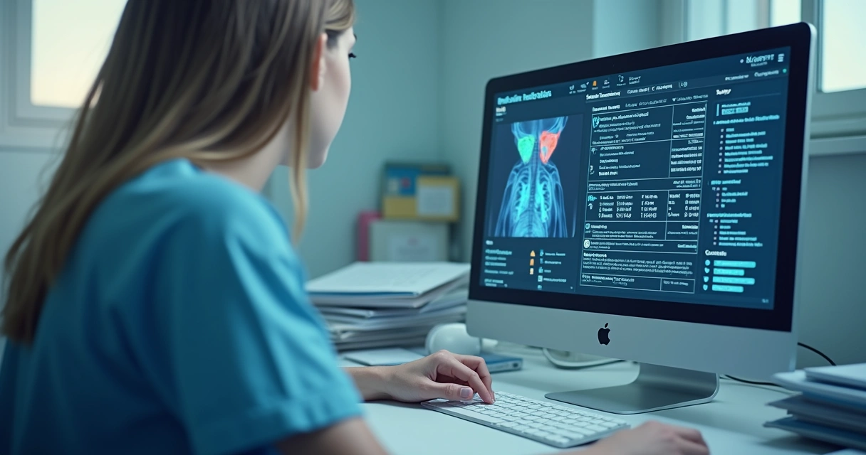 Profissional de saúde preenchendo prontuário médico digital 