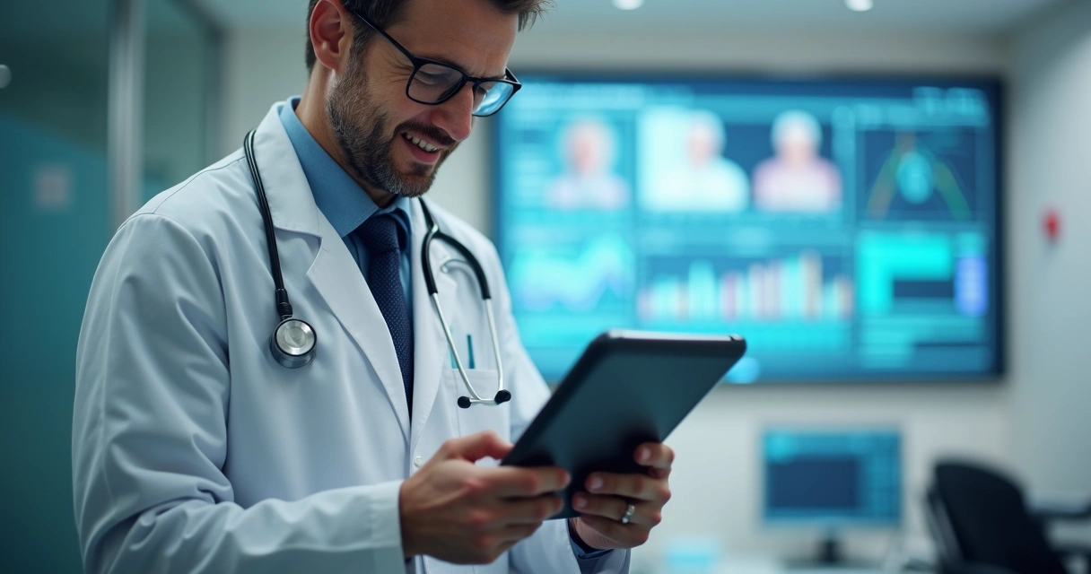 Médico utilizando tablet com dados de paciente exibidos 