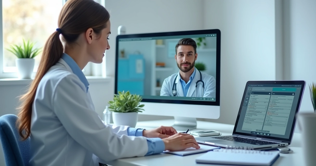 Médico revisando prontuário em consulta online
