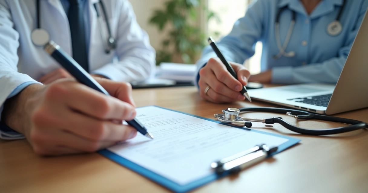 Médico e paciente assinando documento em consultório 
