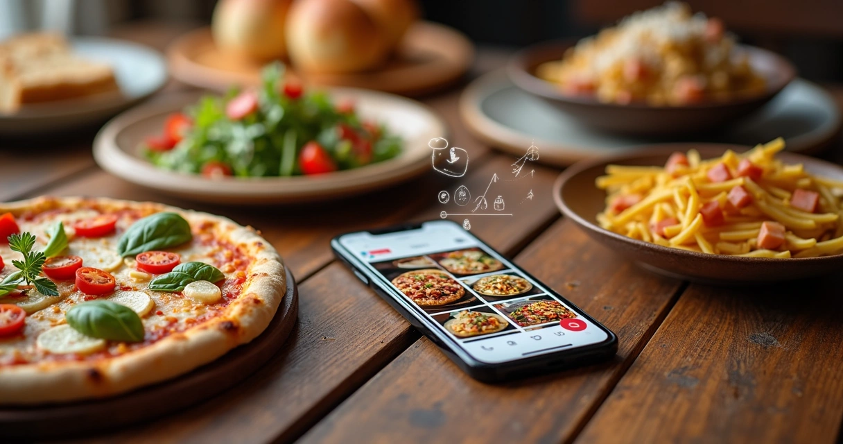Mesa com pratos apetitosos e smartphone exibindo app de delivery com fotos de comida atraentes 