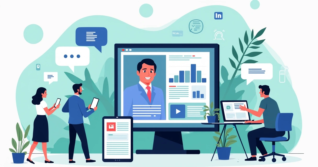 Ilustração de campanha eleitoral digital com celular, gráficos e pessoas interagindo online. 