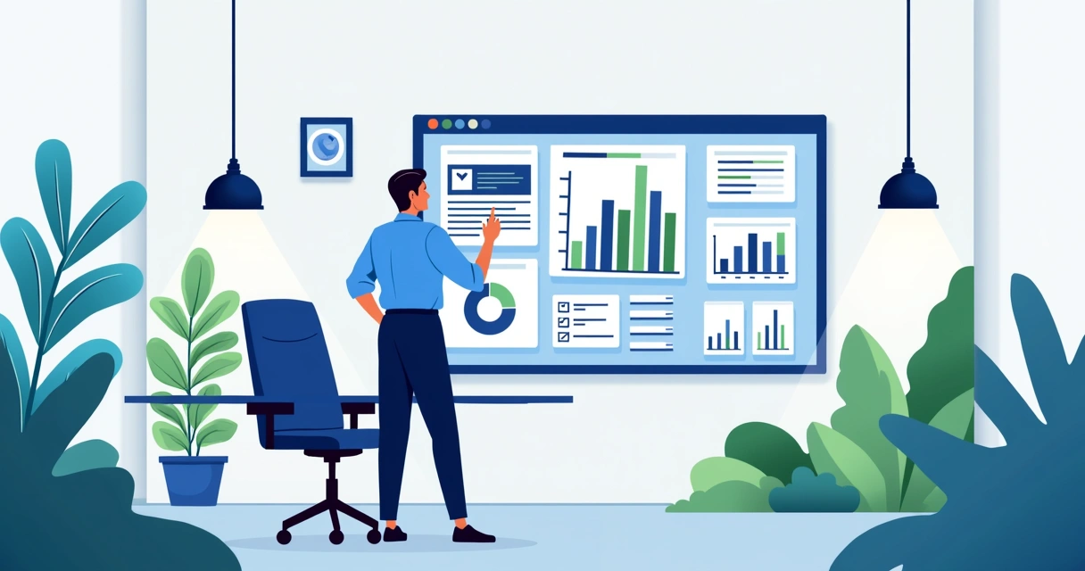 Profissional analisando painel com gráficos e anúncio eleitoral