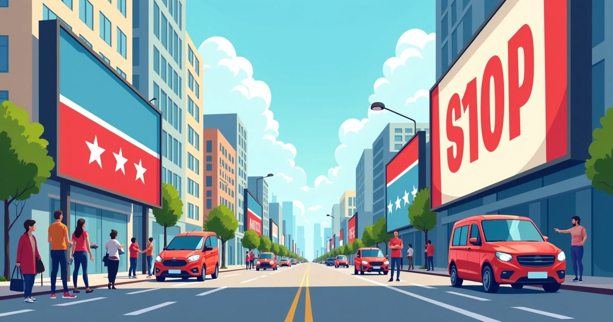 Painéis de propaganda eleitoral em avenida movimentada, pessoas observando