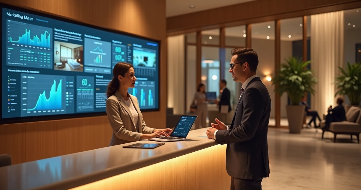 Recepcionista de hotel analisando painel de marketing digital com reservas em destaque 