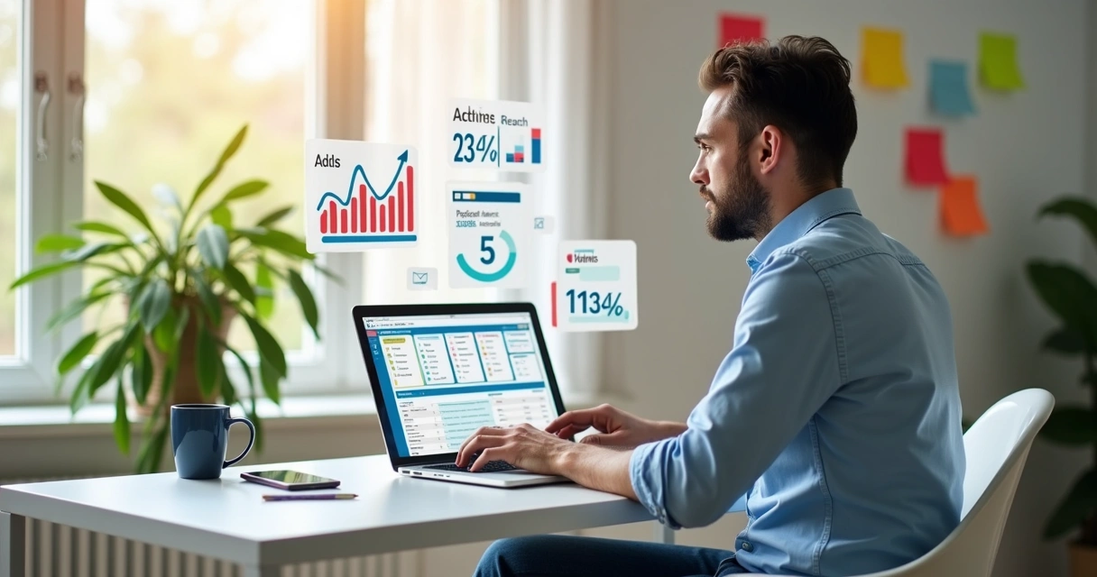 Empresário analisando campanha publicitária digital no computador 