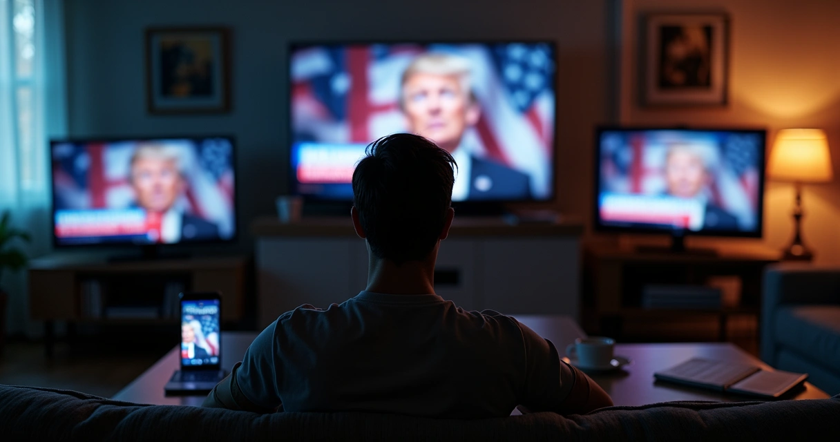 Pessoa observando propaganda política em várias telas 