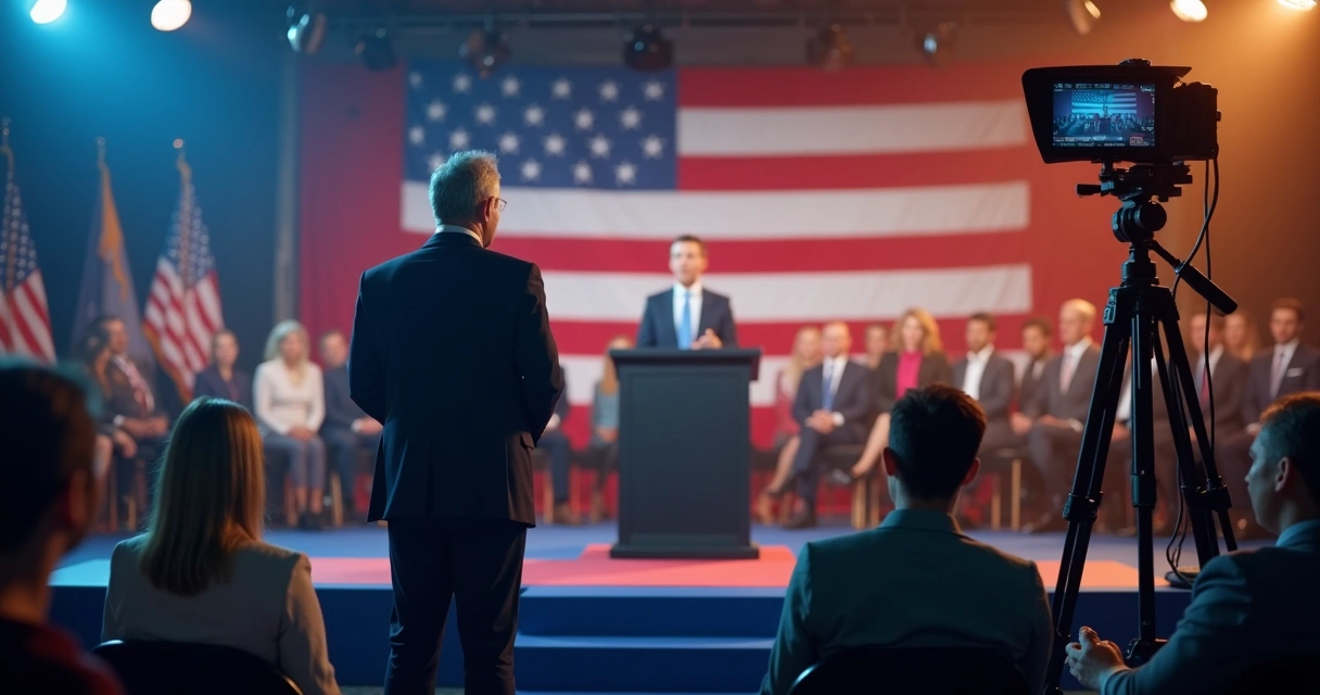 Cenário de gravação de propaganda política com luzes e bandeiras