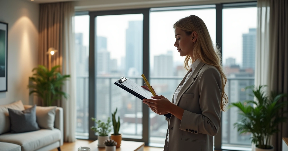 Real estate agent inspecting apartment with clipboard and measuring tape 