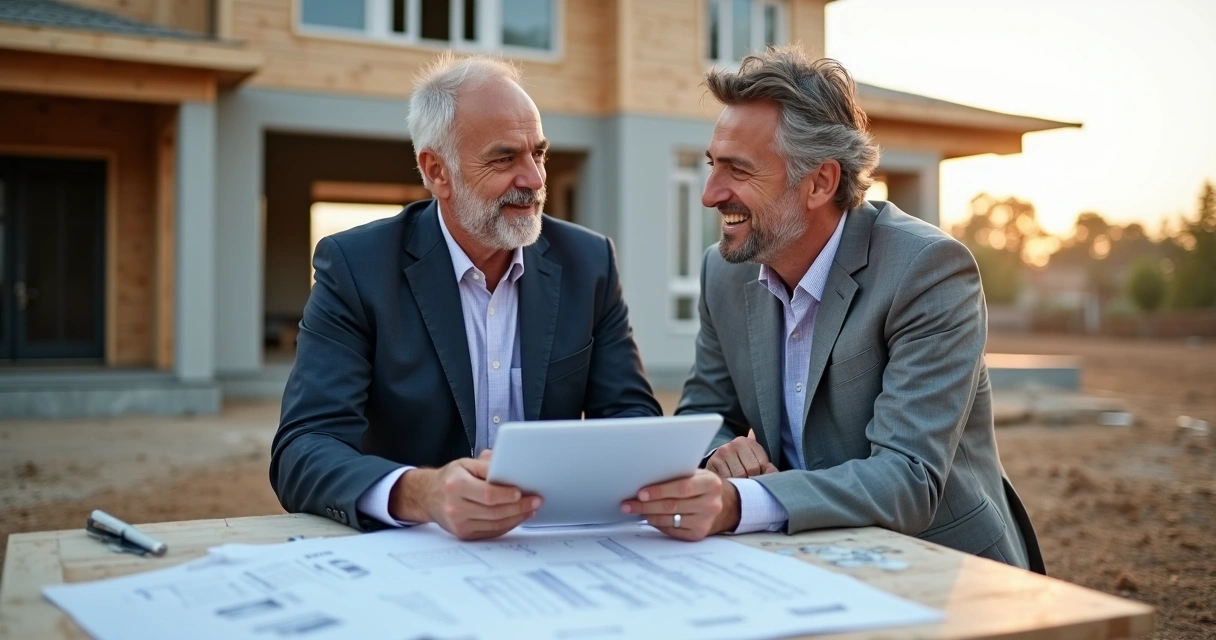 Two property investors in conversation at a construction site. 
