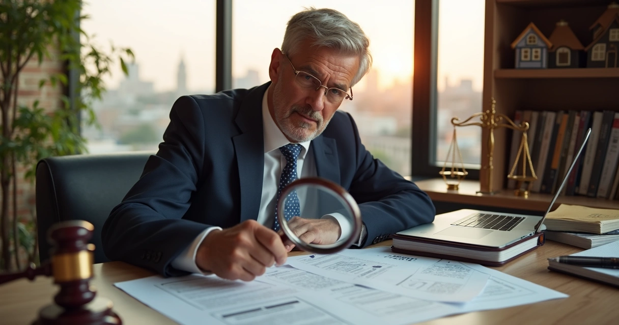 Lawyer examining property documents with magnifying glass and legal books on desk 