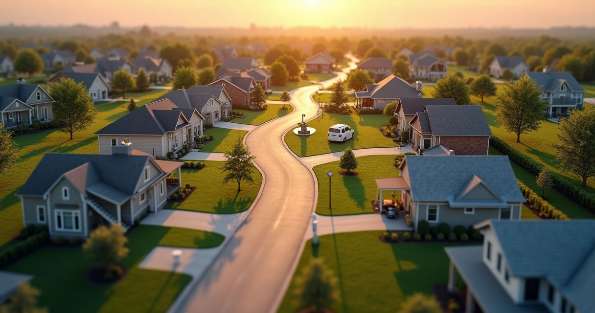 Aerial view of stylized neighborhood with roads leading to different types of homes 