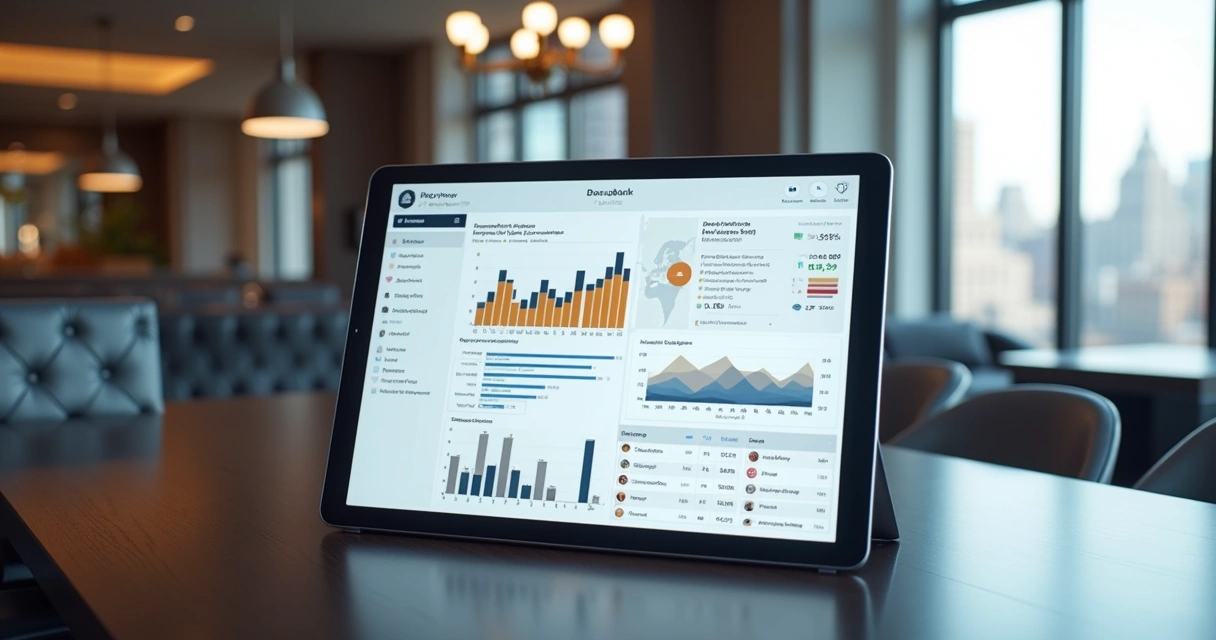 Property management dashboard on digital device in modern NYC office