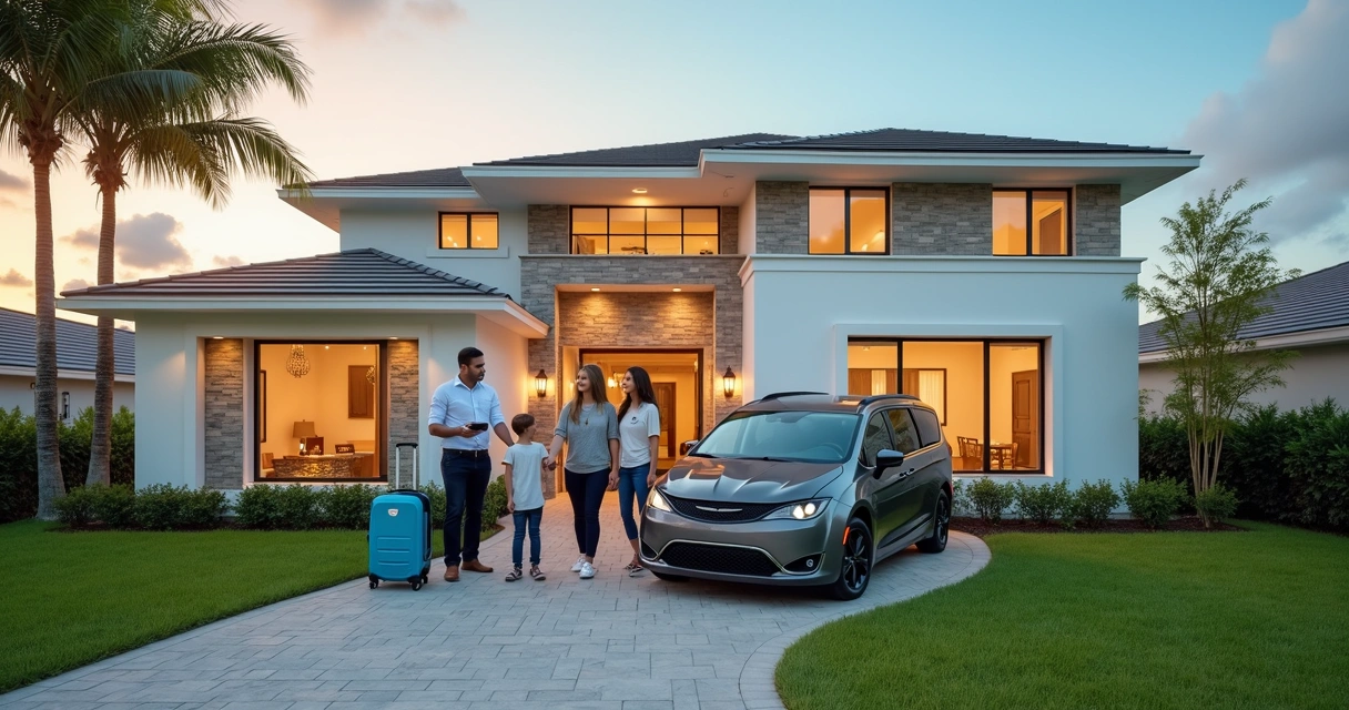 Família brasileira chegando em casa de temporada em Orlando recebida por gerente de propriedade 