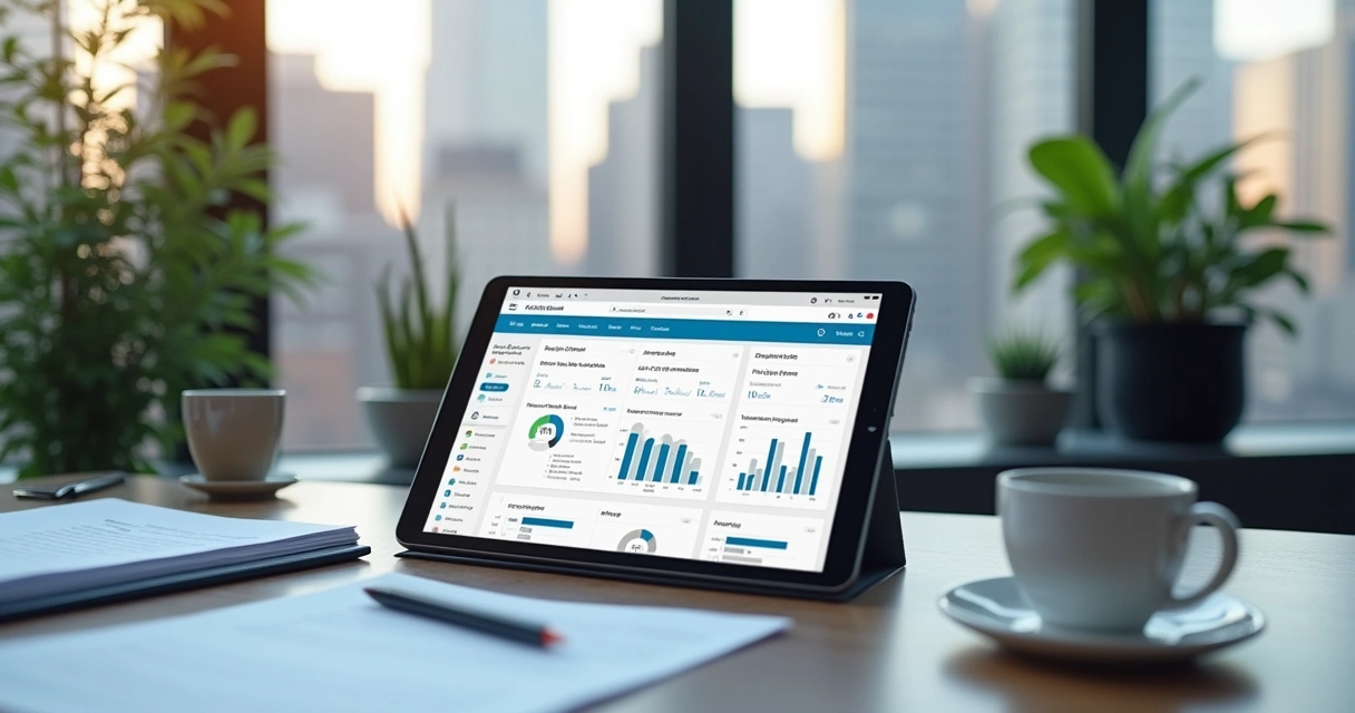 Digital property management dashboard on tablet in office 