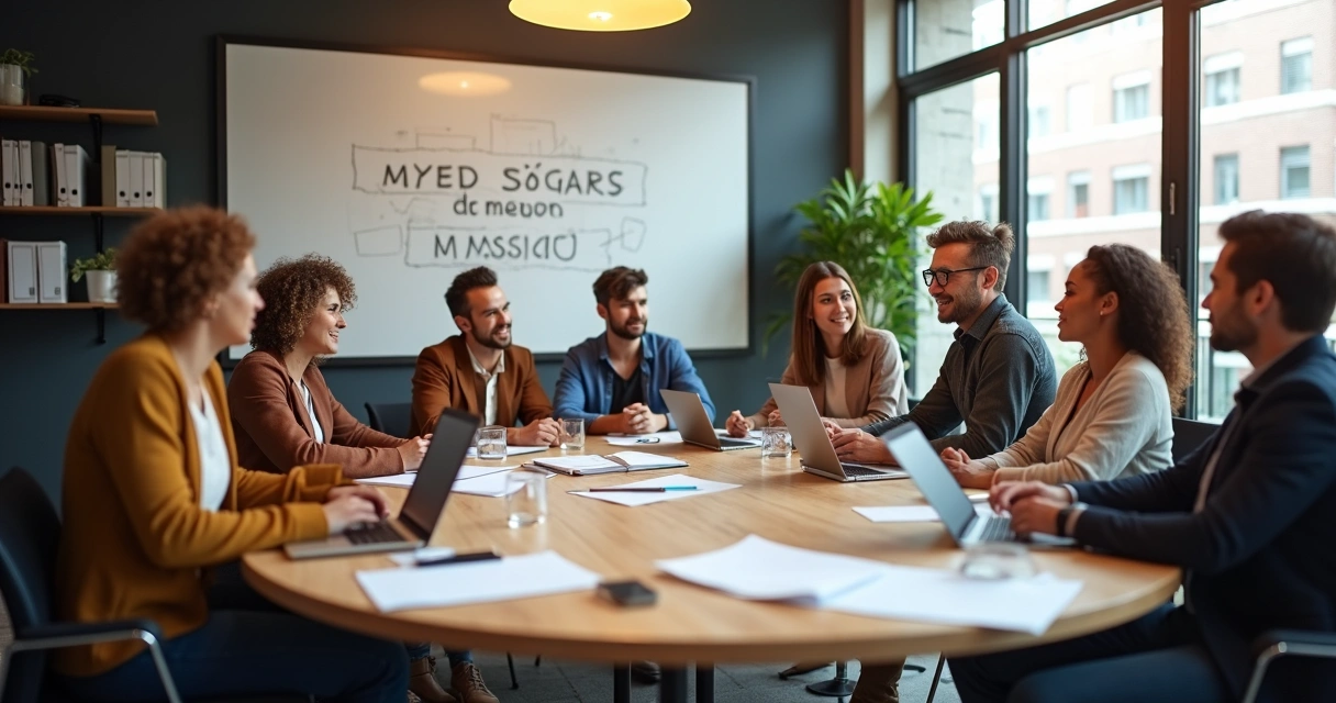 Grupo de colegas alinhando propósito em reunião