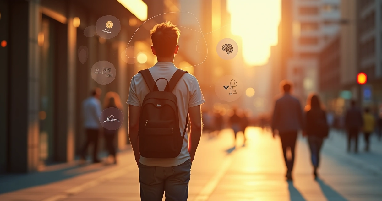 Persona caminando por la ciudad al amanecer con iconos de propósito y acción integrados 