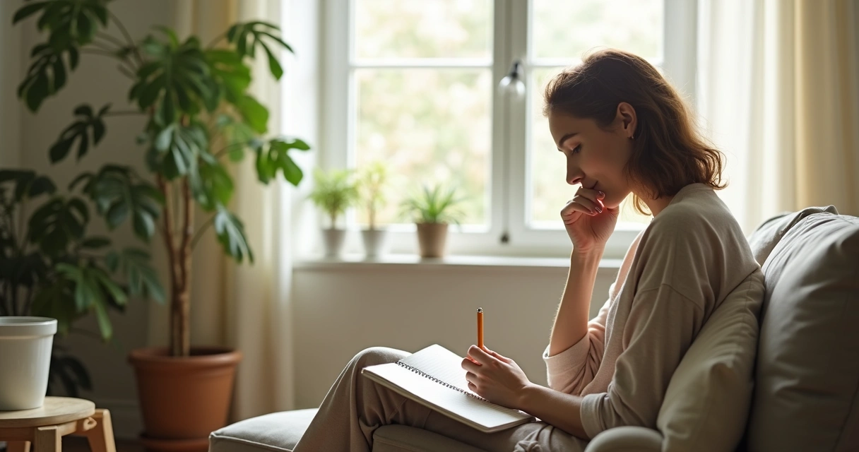 Pessoa sentada em uma sala clara, refletindo com um caderno, ambiente sereno e organizado 
