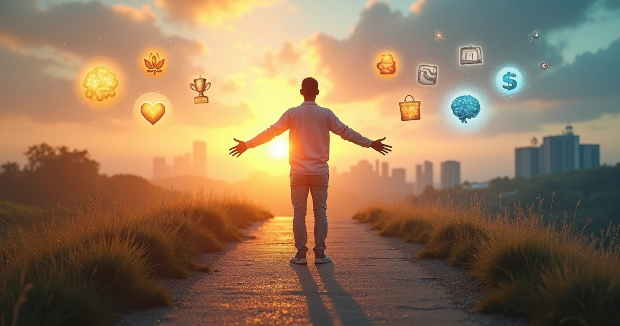 Pessoa em encruzilhada escolhendo entre caminho iluminado interno e caminho de metas externas 