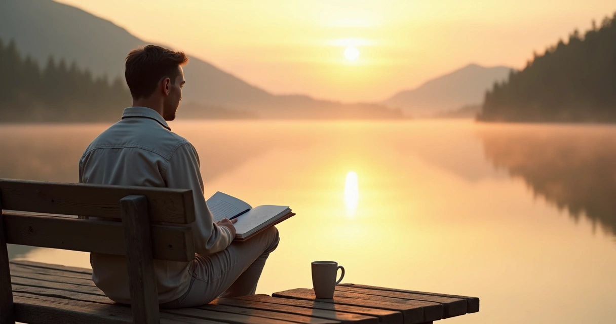 Pessoa contemplando o nascer do sol em uma paisagem calma com caderno de anotações nas mãos 